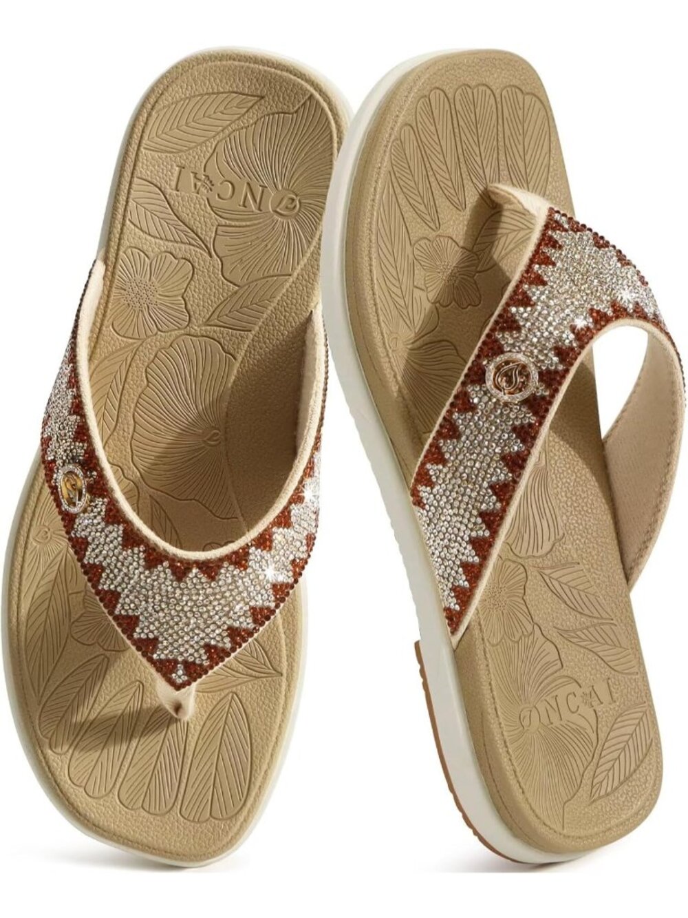 Women's Beige Flat Bedazzled with Sparkling Rhinestone Studded Sandals Casual